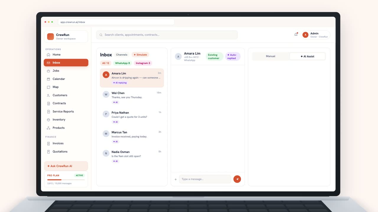 CrewRun handling an enquiry end to end, from the inbox through to the invoice