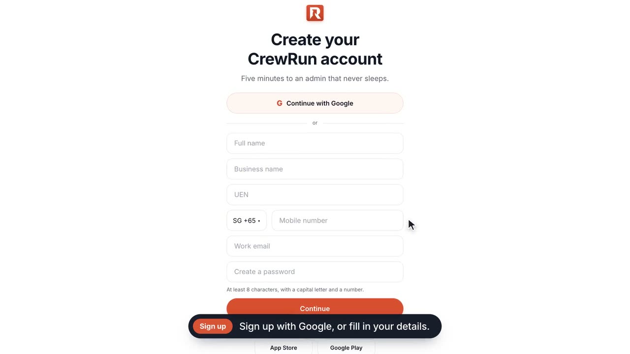 Setting up a CrewRun account, step by step with Dash