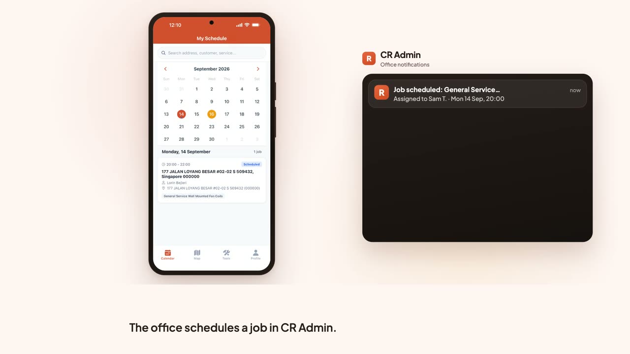 A technician's day in the CrewRun app, from the day's schedule through to job done