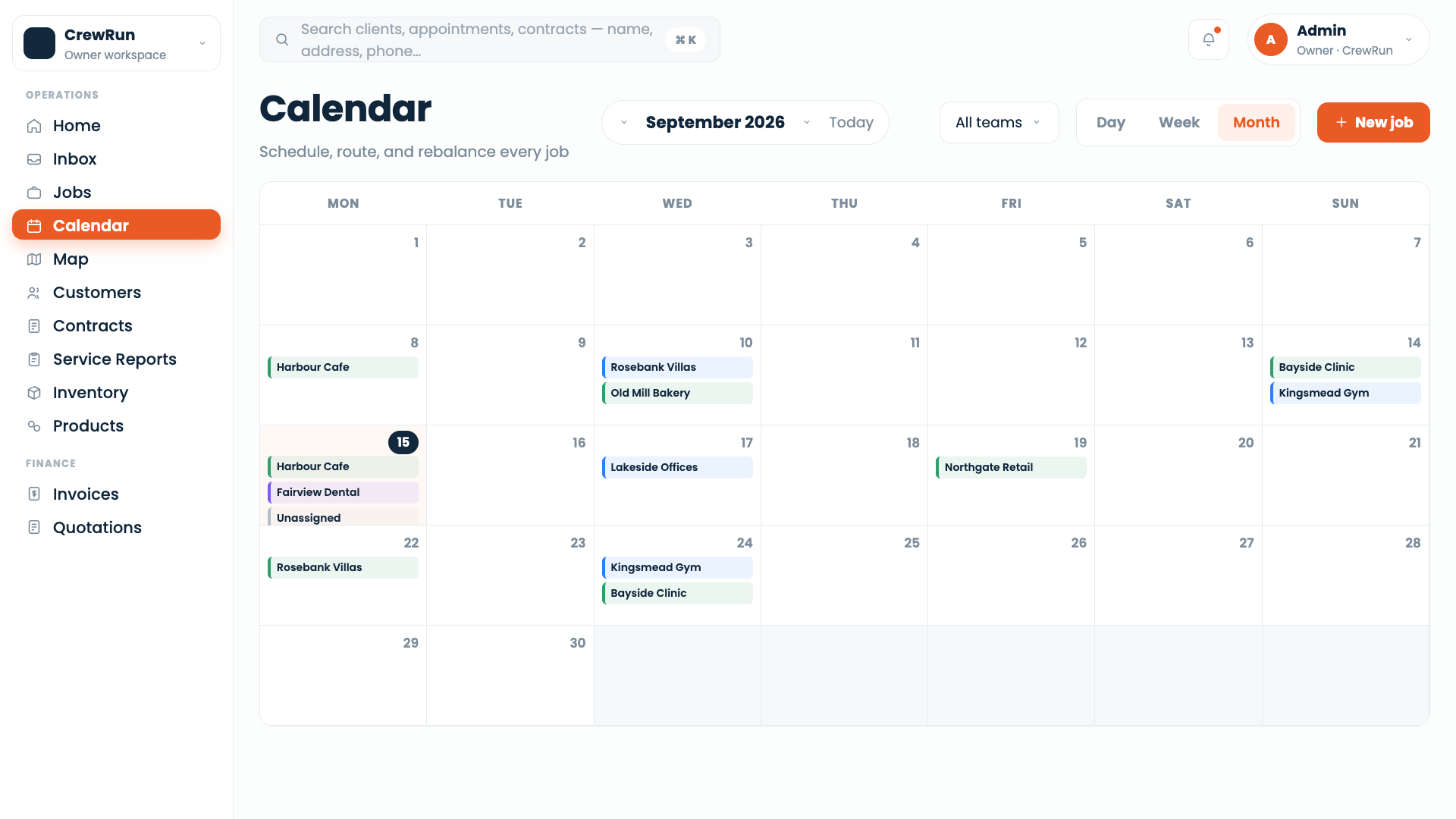 CrewRun calendar, the week's booked jobs across the crew