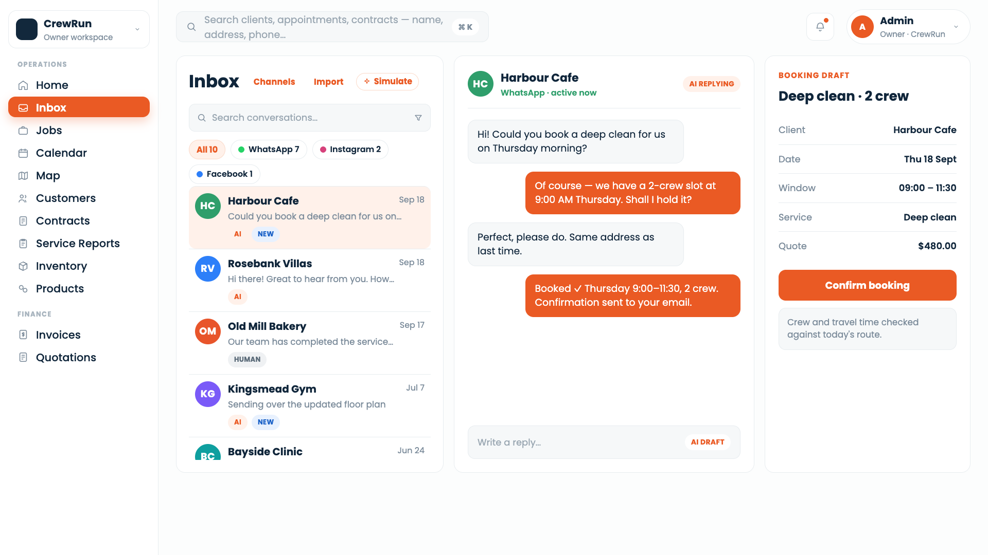 CrewRun unified inbox, WhatsApp and social conversations in one thread list