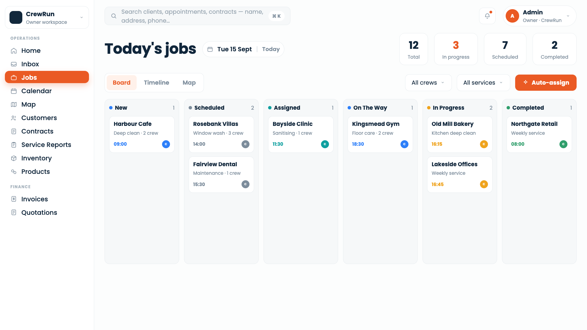 CrewRun job board, each job's dispatch status and assigned technician
