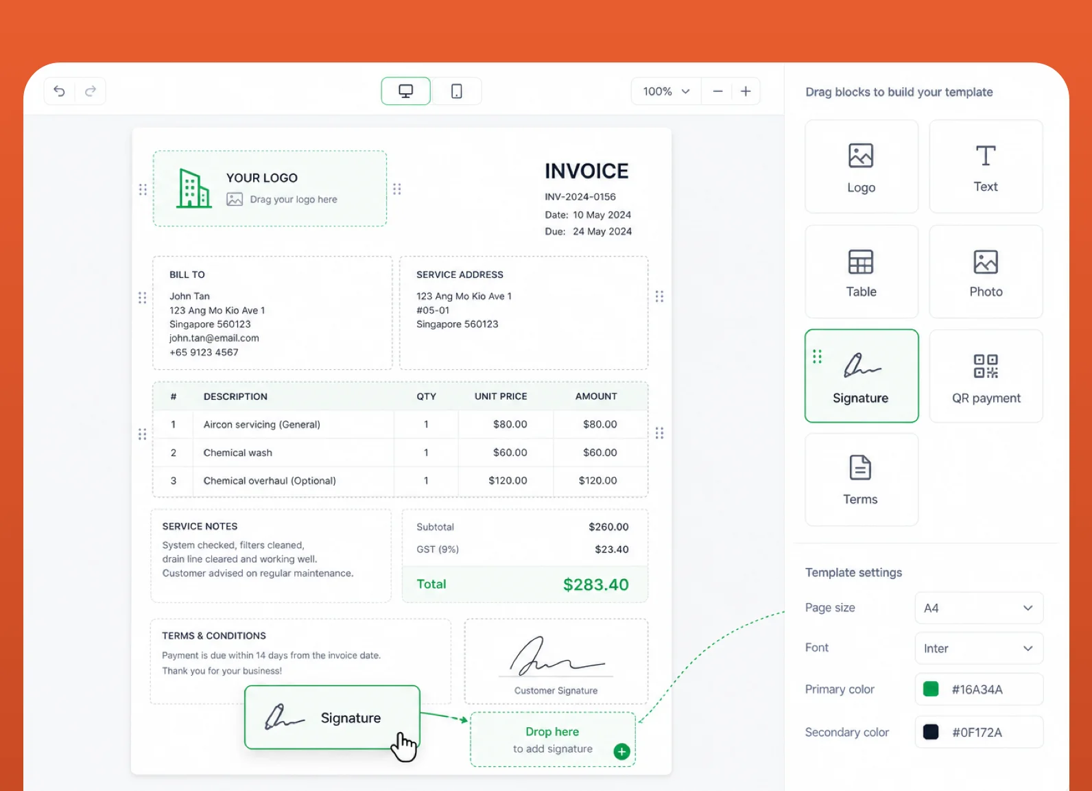 Rich-text invoice editor with merge tokens, image positioning, and QR insert
