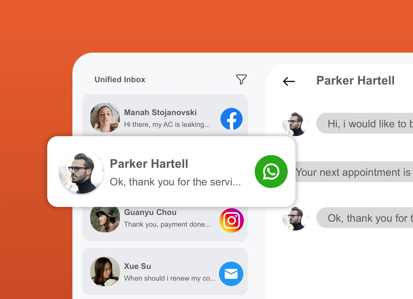 Unified inbox showing WhatsApp, Facebook, Instagram, and email conversations in one view