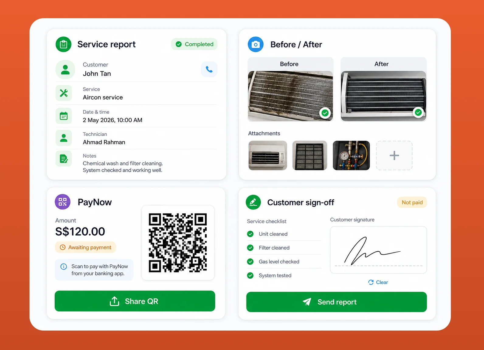 Service report + invoice with PayNow QR